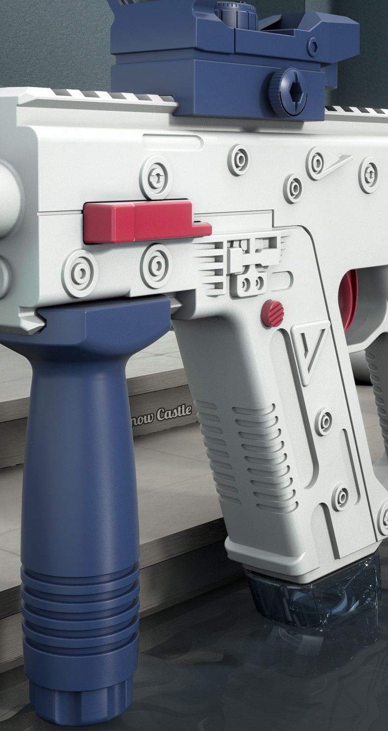 Close-up of a large capacity electric water gun showcasing its features and design details.