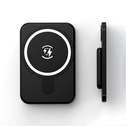 Mini Magnetic Power Bank 5000mAh Wireless in sleek black design, showcasing magnetic charging feature.