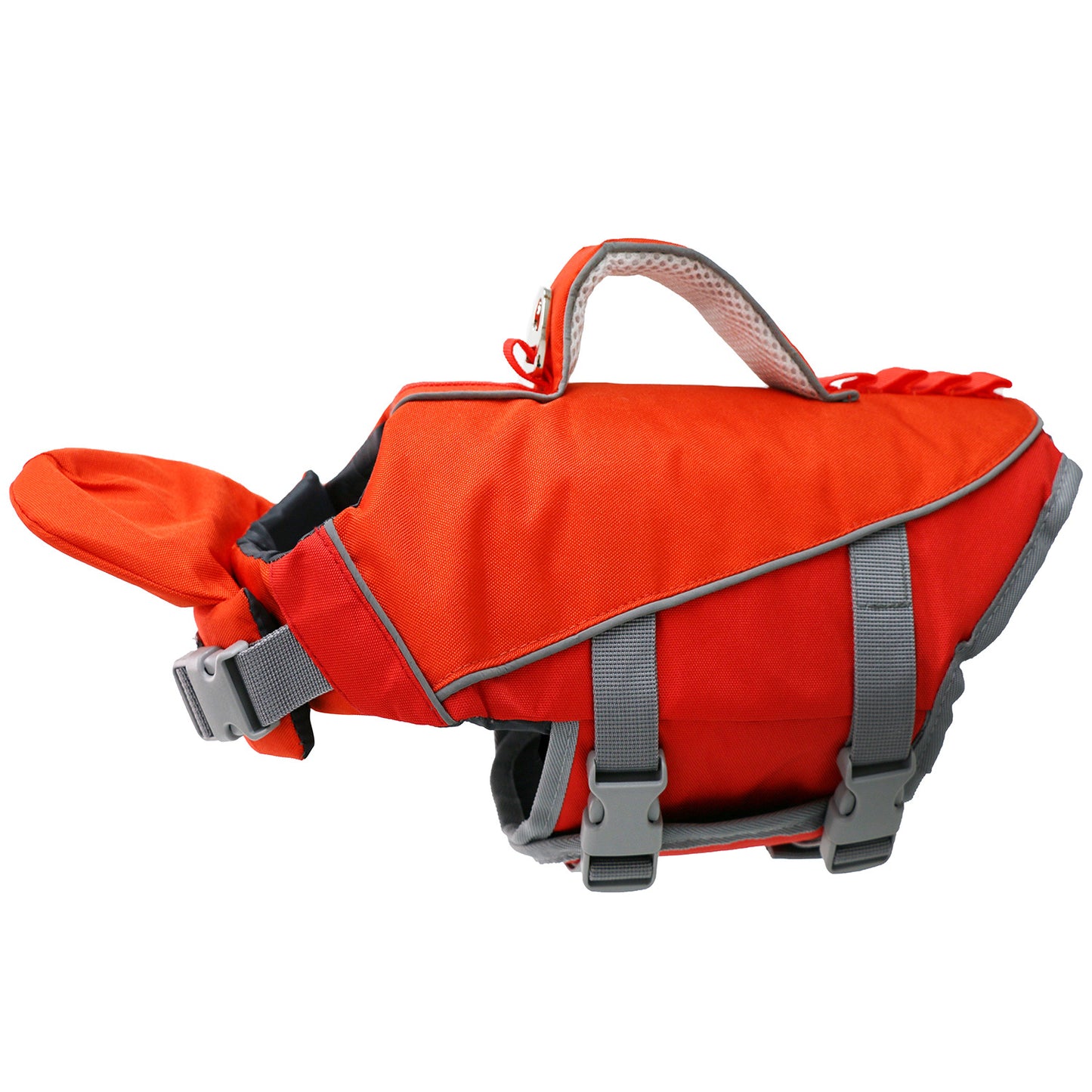 Dog reflective life jacket in bright orange color with adjustable straps and handle for easy rescue.