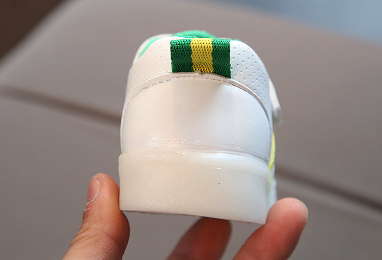 Back view of Kimmy White LED sneakers showing white upper with green and yellow accents.