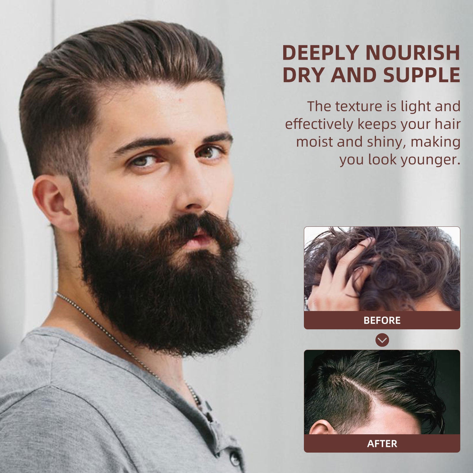 Polygonum hair dye comb for glossy black hair, showcasing before and after results with deeply nourished hair.