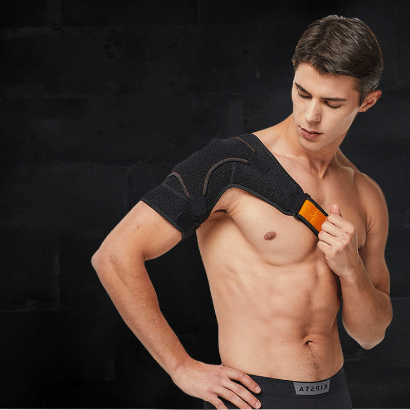 Adjustable sports shoulder protector support belt for sports injuries worn by a man displaying shoulder support.