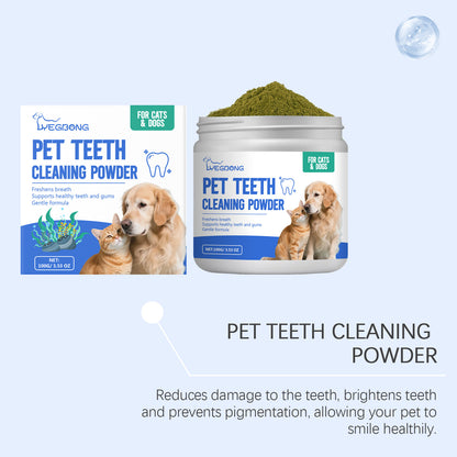Pet dental cleaning powder for cats and dogs with fresh breath and healthy teeth.