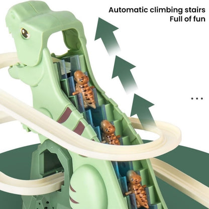 Dinosaur climbing slide toy with automatic climbing stairs and two dinosaurs enjoying the ride.