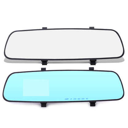 HD rearview mirror driving recorder with dual display and motion detection features.