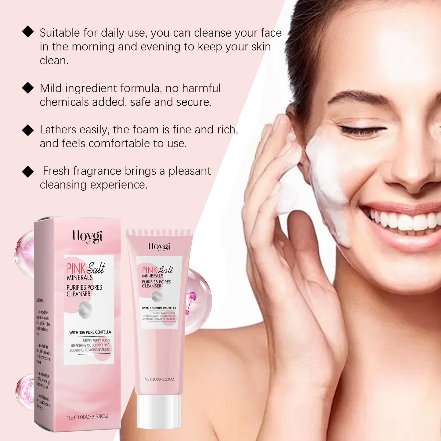 Hoygi gentle pore cleansing cleanser on a woman applying foam to her face, showcasing its moisturizing and purifying benefits.