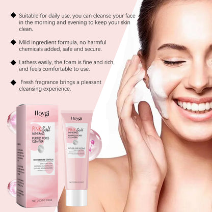 Hoygi gentle pore cleansing cleanser on a woman applying foam to her face, showcasing its moisturizing and purifying benefits.