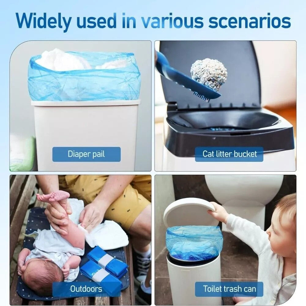 Diaper bin refills for AngelCare and Tommee Tippee shown in various scenarios including diaper pail and other uses.