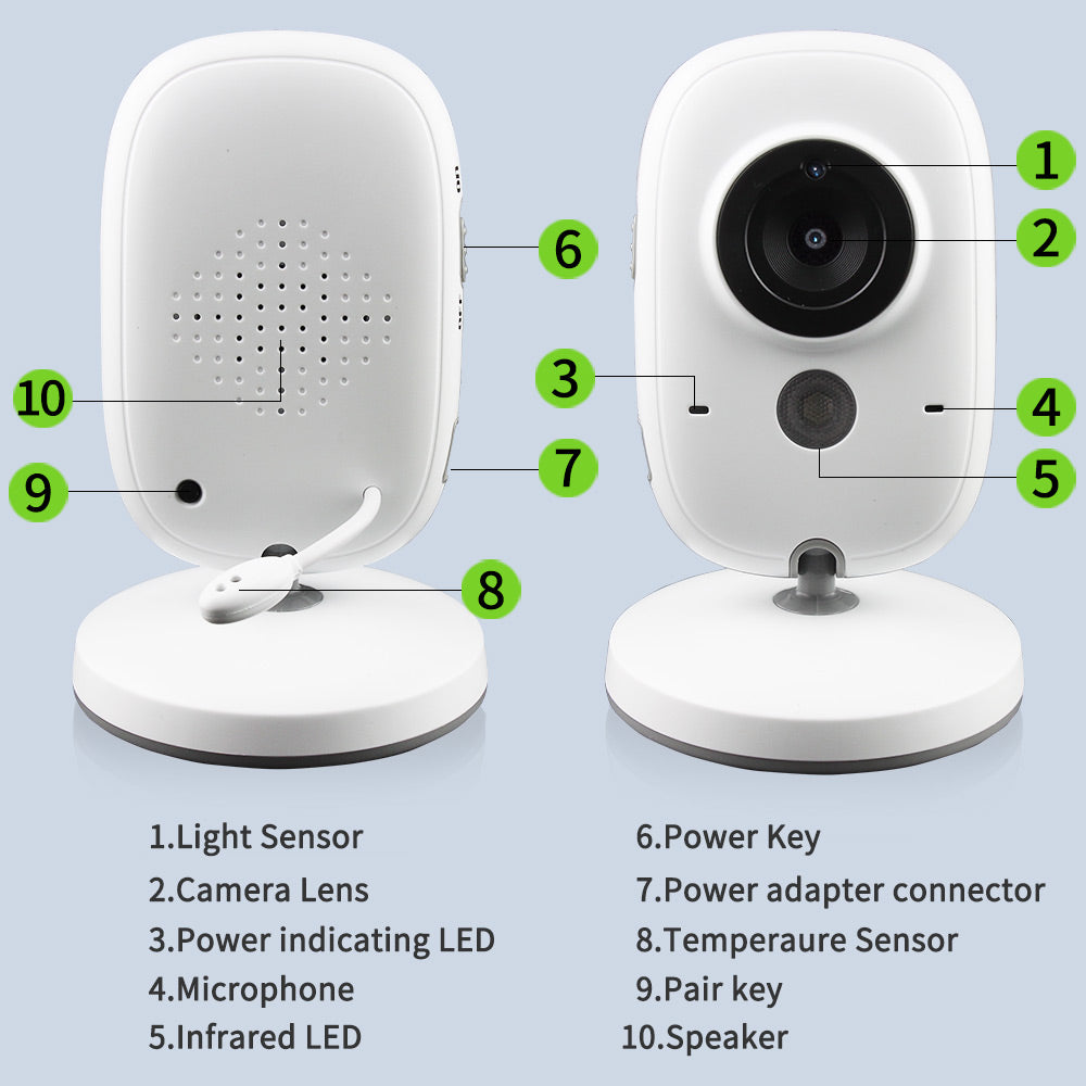 3.2 inch digital baby monitor with two-way intercom features light sensor camera lens microphone and more