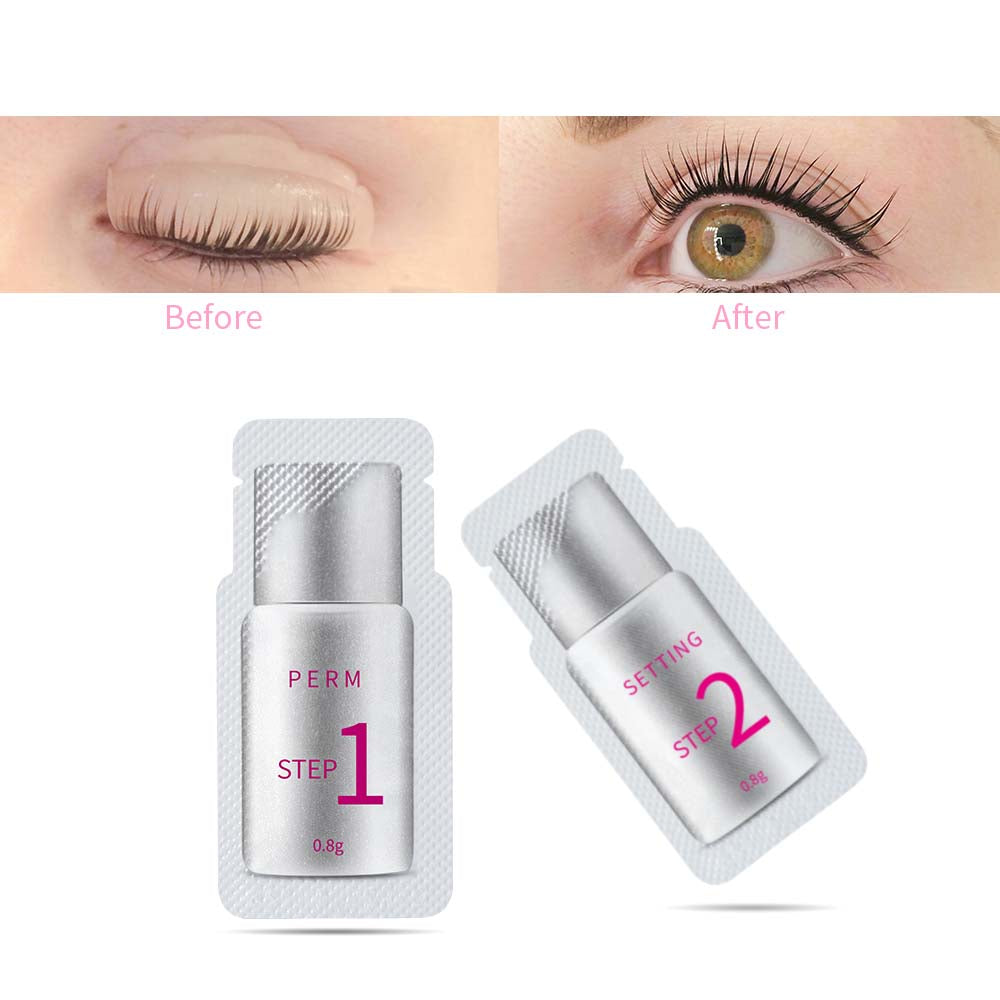 Before and after using ICONSIGN eyelash perming lotion kit showing lifted lashes and packaging for perm and setting.