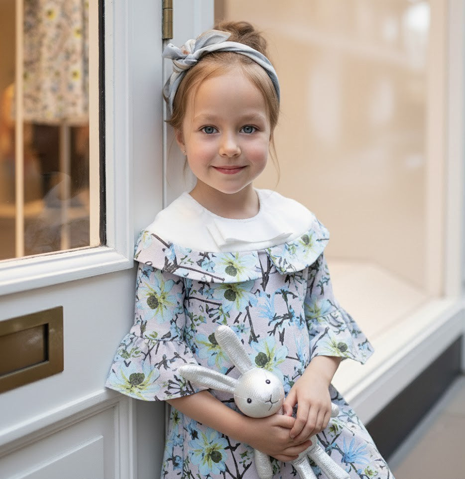 Girls elegant floral printed toddlers detachable sleeve princess dress with bunny toy.