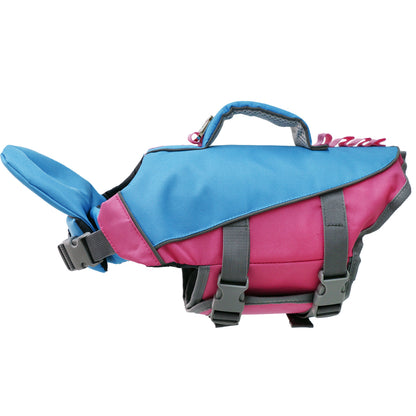 Dog reflective life jacket in pink and blue color with adjustable straps for safety and comfort.