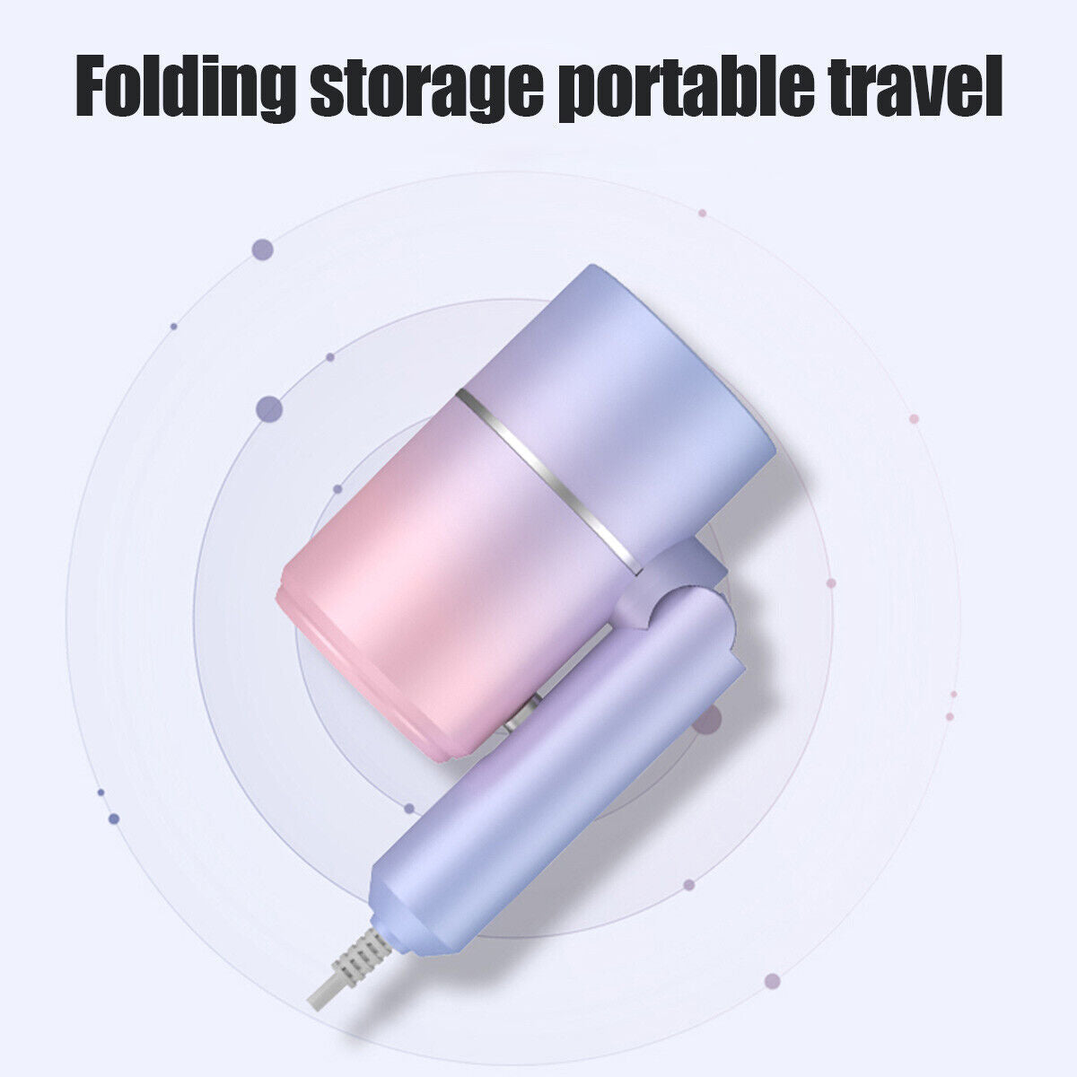 Foldable hair dryer with negative ion function, compact design for easy travel and storage in a stylish pink and blue finish.