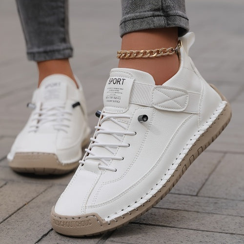 plus size leather casual boots in white with sporty design and rubber sole for comfort and style.