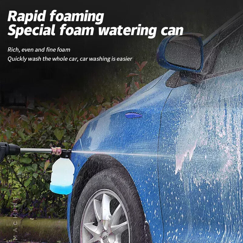 Rapid foaming special foam watering can used with a cordless high pressure washer for efficient car washing.