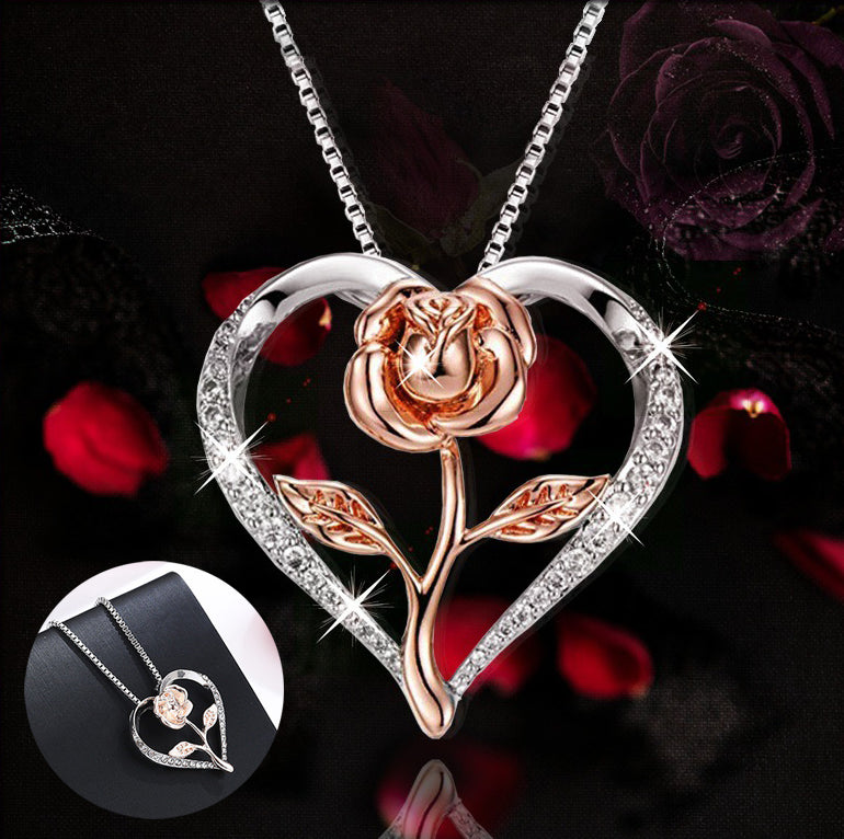 Zircon Heart Rose Silver Necklace For Women featuring a heart design with a rose and diamond accents.