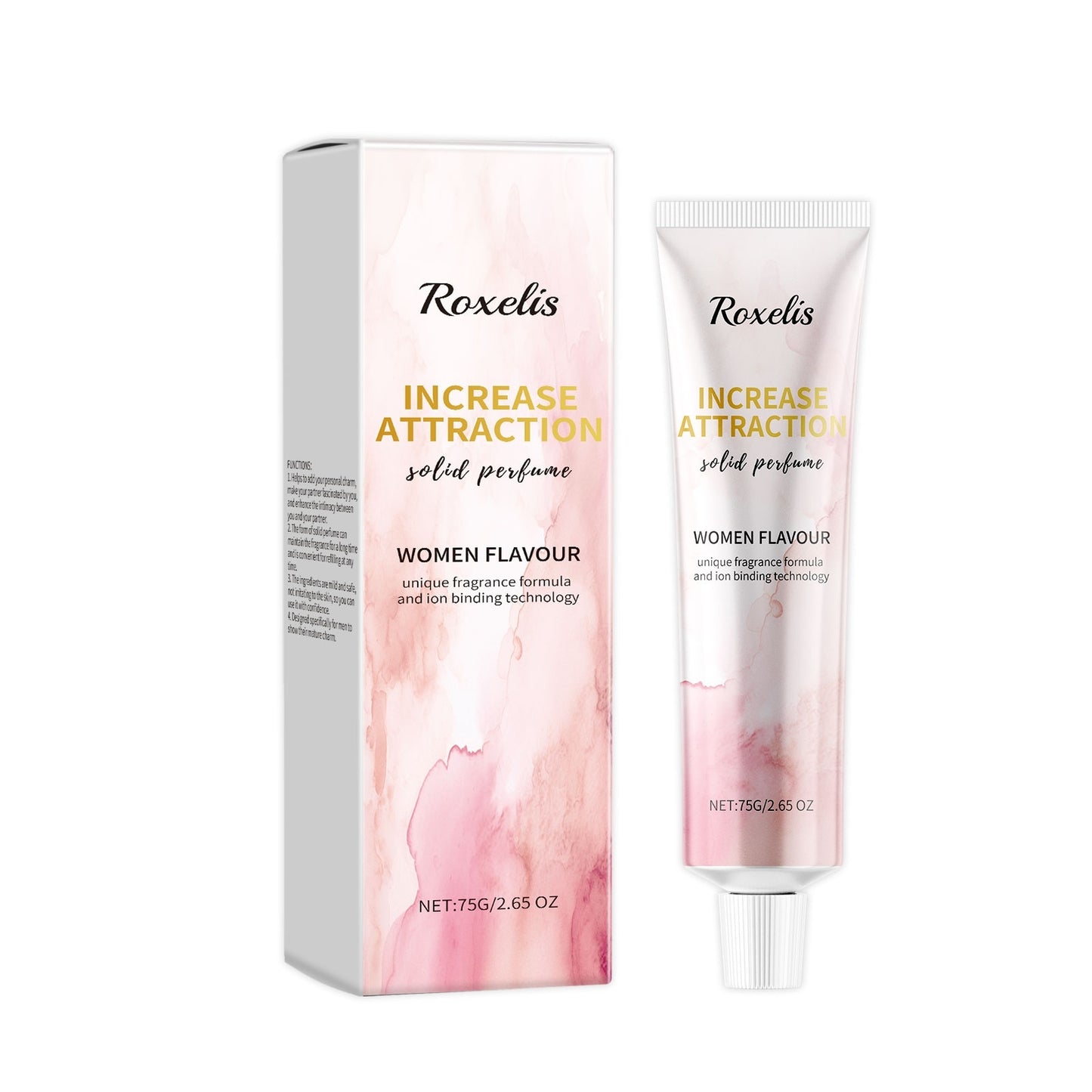 Roxelis Increase Attraction solid perfume for women, featuring unique fragrance formula in a stylish balm tube.