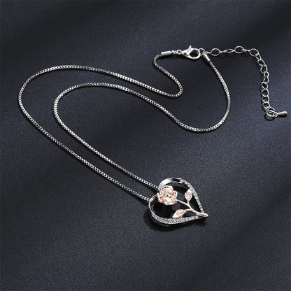 Zircon heart rose silver necklace for women featuring a delicate flower design and a sleek chain.