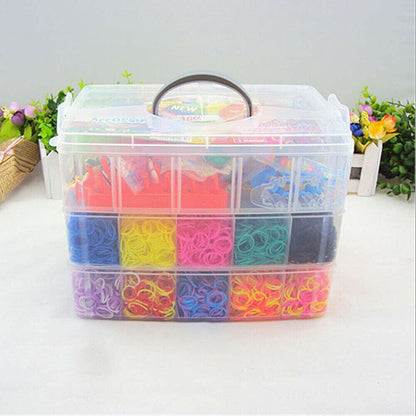 Rubber loom bands kit for kids in a clear storage box with colorful elastic bands.