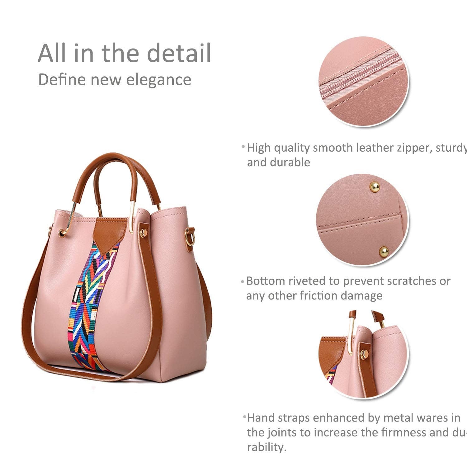 Women's faux leather handbag set showing details like high-quality zipper and unique design.