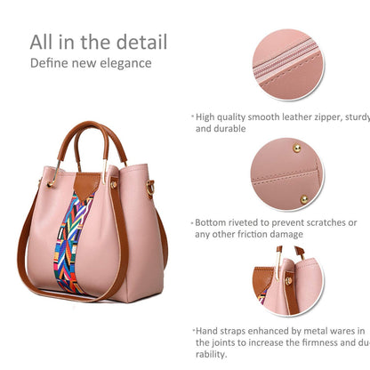 Women's faux leather handbag set showing details like high-quality zipper and unique design.