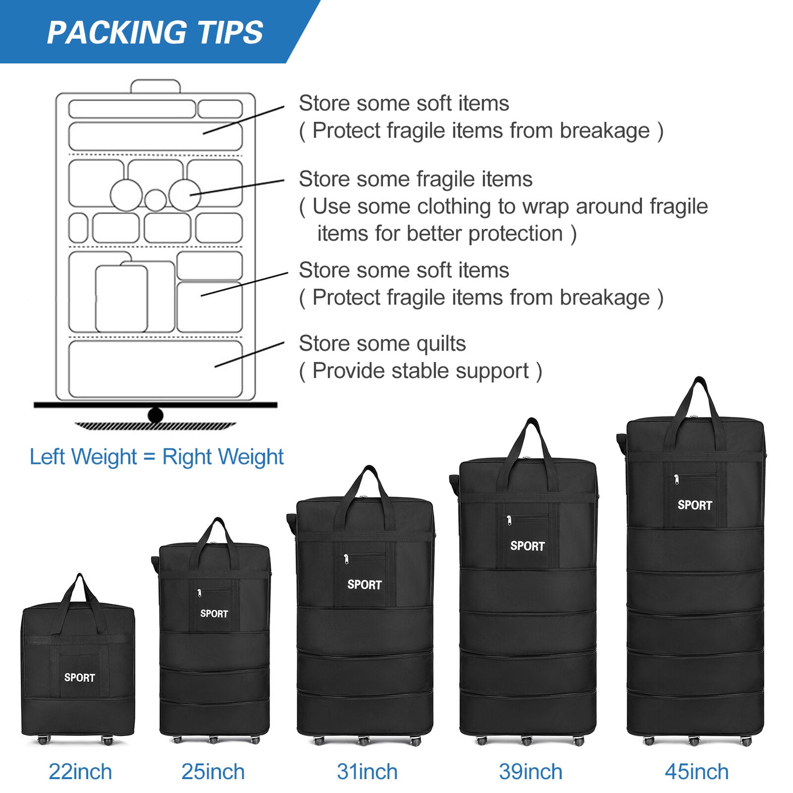 Packing tips for extra large lightweight travel suitcase, including storage recommendations for soft and fragile items.