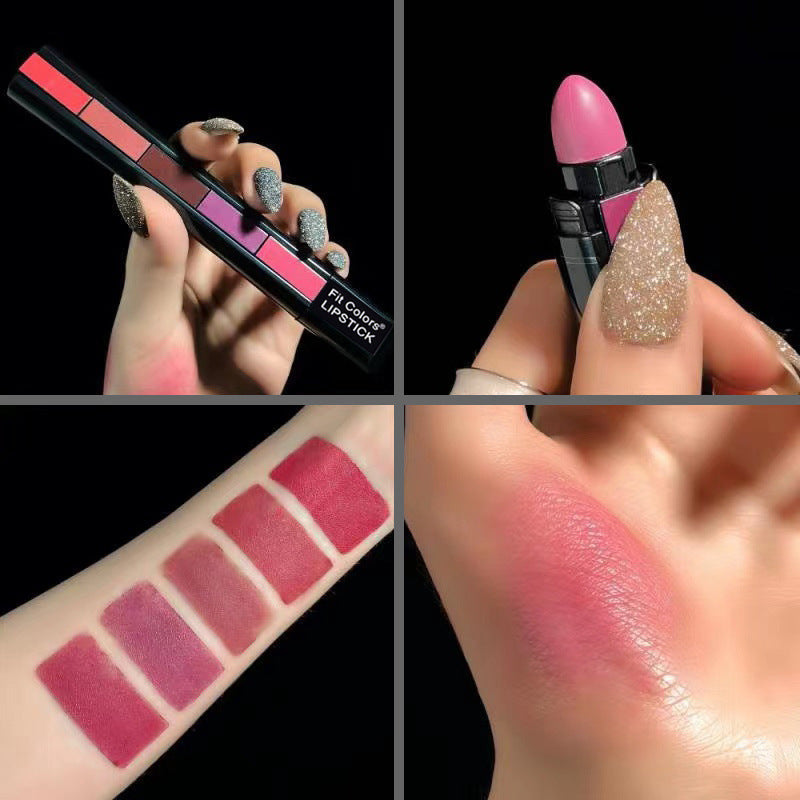 5 in 1 Velvet Matte Lipstick collection with swatches and shades displayed in hands.