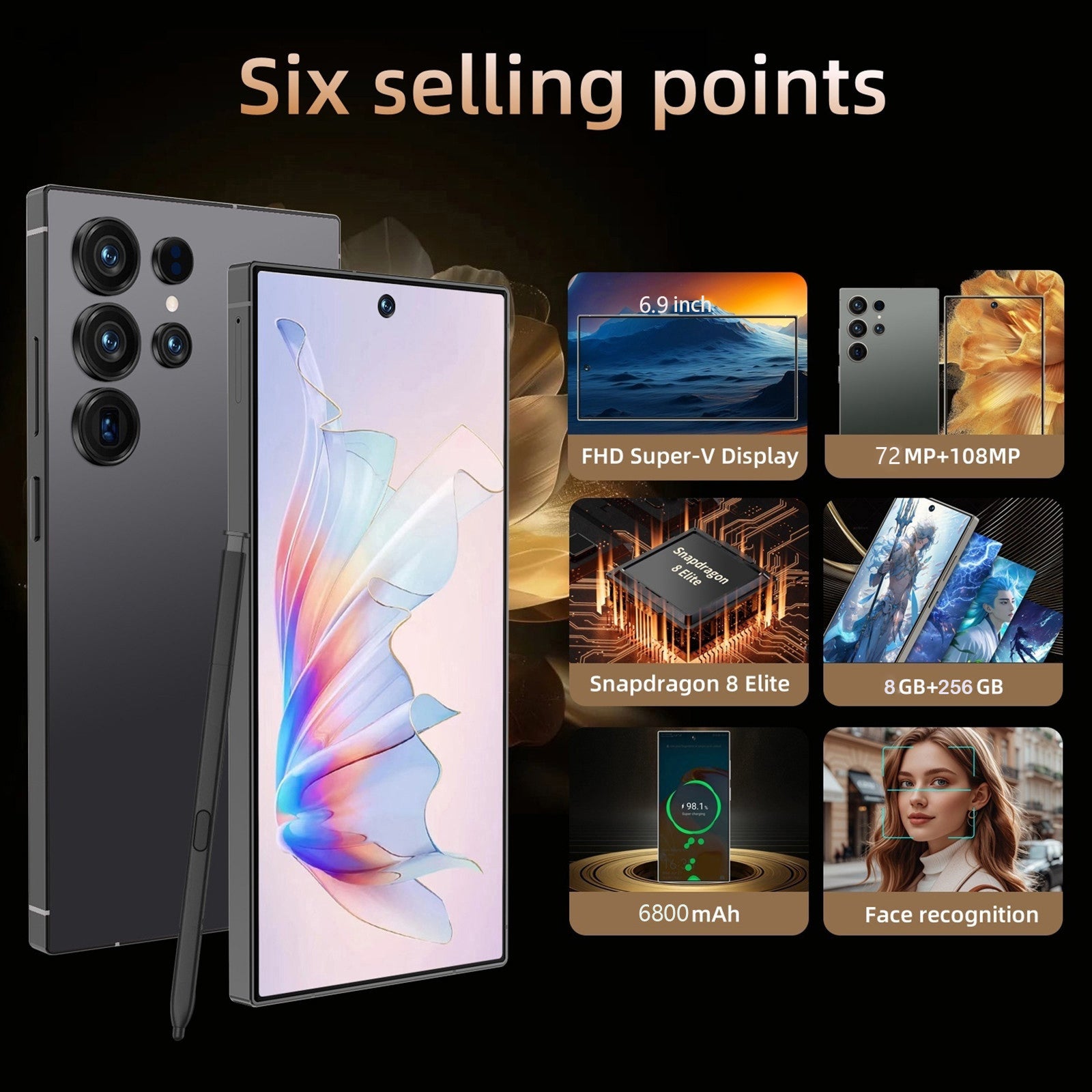 5G unlocked smartphone 256GB showcasing features like 6800mAh battery and 72MP+108MP camera.