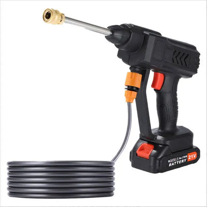 Cordless high pressure cleaner with batteries, portable power washer spray gun and hose.