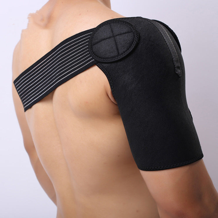 shoulder protection strap for sports on a person's shoulder, designed for football, basketball, and fitness activities.