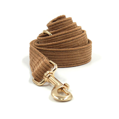 Pet collar and traction rope set brown corduroy hand holding rope with gold buckle.