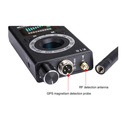 Hidden Camera Detector Locator GPS Bug Radio Detector Anti Spy Device close-up showing RF antenna and GPS probe.