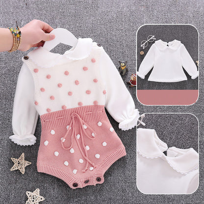 100% cotton baby clothes set featuring a stylish pink and white long sleeve outfit with polka dots.