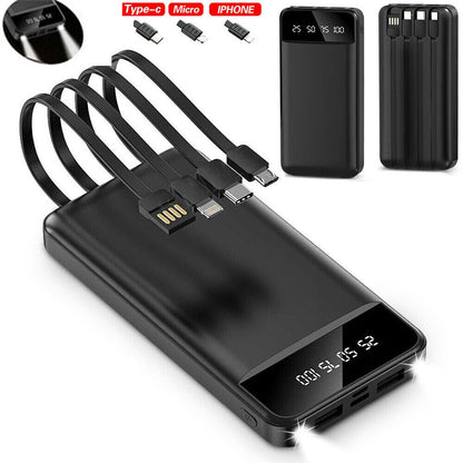 Power Bank Pack 9000000mAh Fast Charger with 3 charging cables and 2 USB output ports.