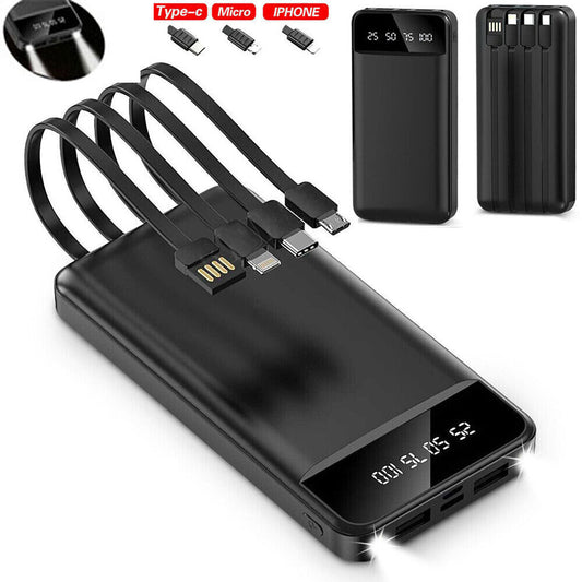 Power Bank Pack 9000000mAh Fast Charger with 3 charging cables and 2 USB output ports.