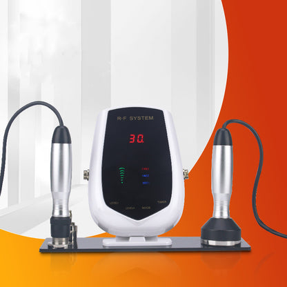 Household electric skin peeling beauty device with RF system and attachments for home beauty care.