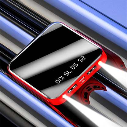 portable mirror power bank 20000 mAh with digital display and dual USB outputs in red