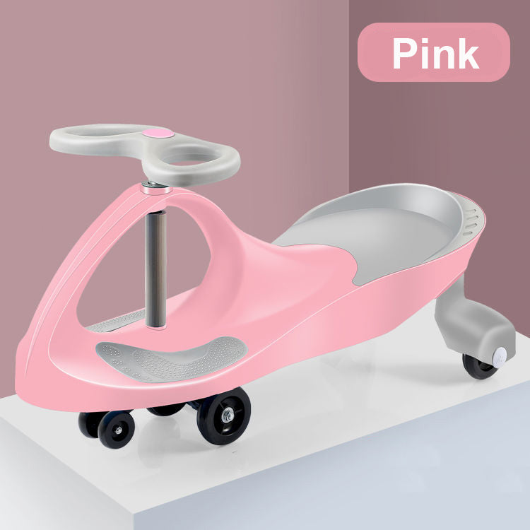 Children's swing car toy in pink color, featuring anti-slip pedals and a curved front design for safety.