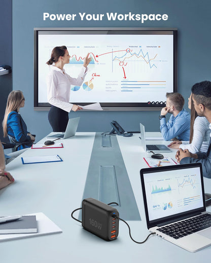 160W USB-C Fast Charger in a modern workspace powering devices during a meeting.