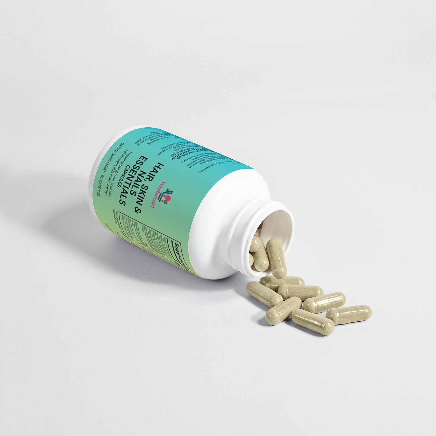 Hair skin nails supplements bottle with capsules spilling out for enhancing hair, skin, and nail health.
