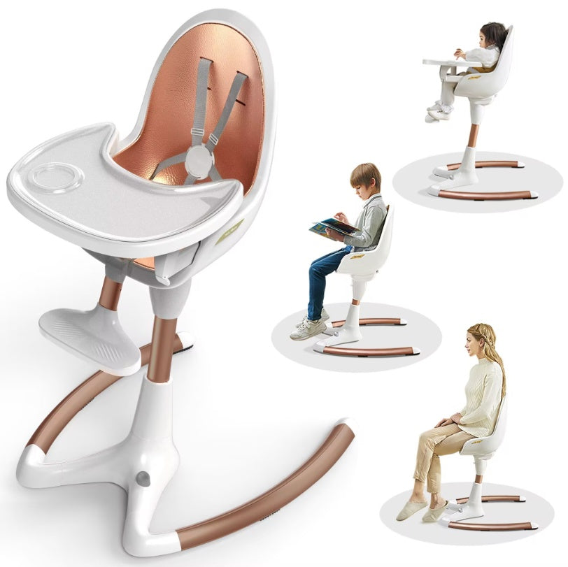 Luxury baby high chair in white and gold design, featuring adjustable seat height and removable tray.