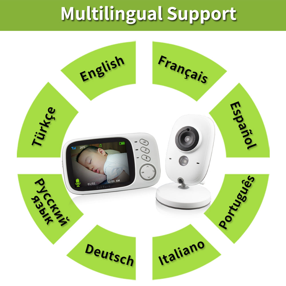 3.2 inch digital baby monitor with two-way intercom showcasing multilingual support options on a user-friendly display.
