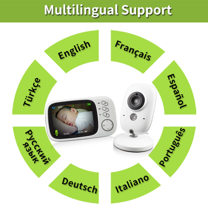 3.2 inch digital baby monitor with two-way intercom showcasing multilingual support options on a user-friendly display.