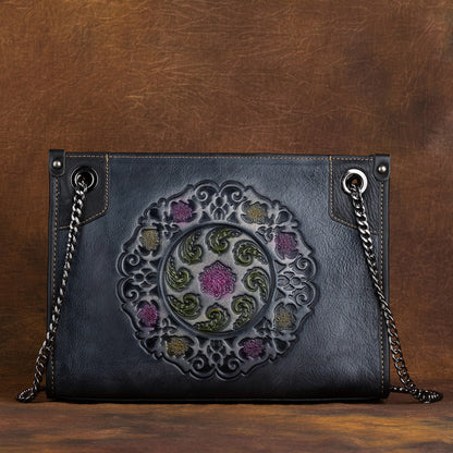 Large capacity leather tote bag with embossed floral pattern and chain straps, showcasing vintage black cowhide leather.