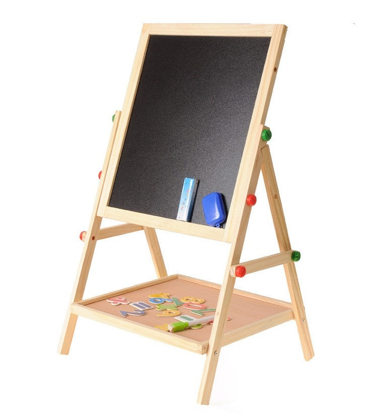 Kids 2 in 1 drawing board featuring a chalkboard and magnetic whiteboard, adjustable height for creative art activities.