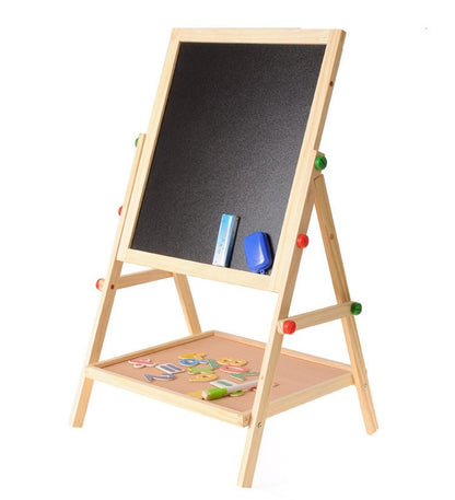 Kids 2 in 1 drawing board featuring a chalkboard and magnetic whiteboard, adjustable height for creative art activities.