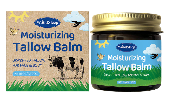Cow fat moisturizing cream in a jar with grass-fed tallow for face and body, promoting hydration.