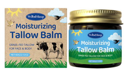 Cow fat moisturizing cream in a jar with grass-fed tallow for face and body, promoting hydration.