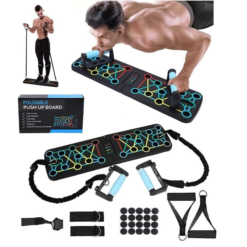 Multi-functional foldable push-up fitness board with resistance bands and exercise accessories.