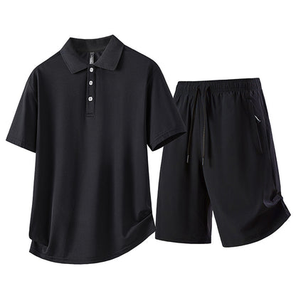 casual polo shirt set for men in black, featuring short-sleeve polo and shorts, perfect for casual occasions.